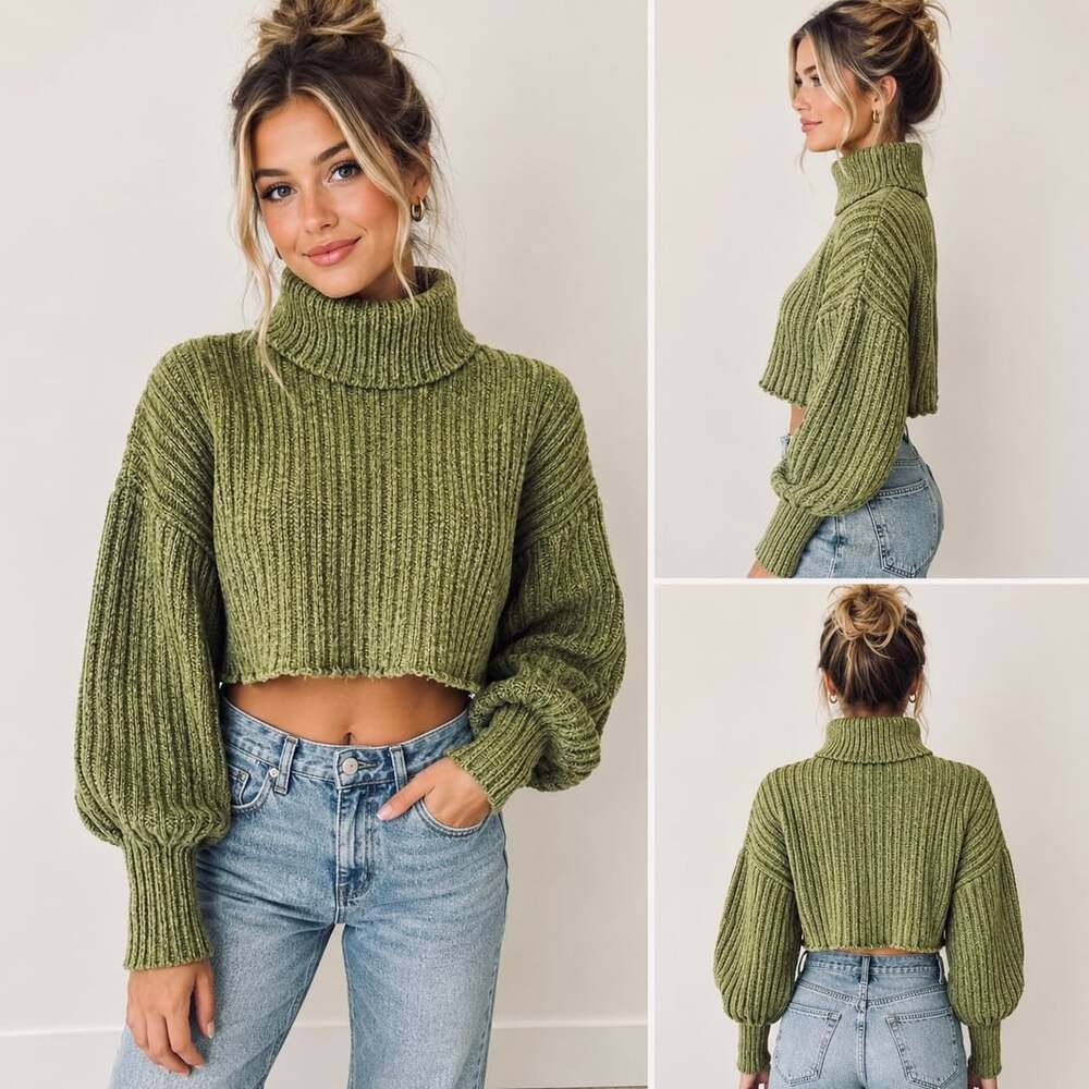 Urban Outfitters cropped cowl neck turtleneck green women’s fall sweater small